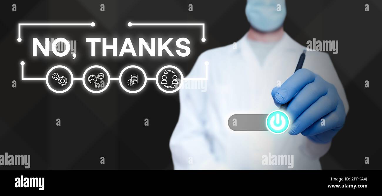 Schreiben mit Anzeige des Textes Nein, Danke. Geschäftsidee Beantwortung der Frage mit diesen Wörtern, um Akzeptanz oder Ablehnung zu zeigen Stockfoto
