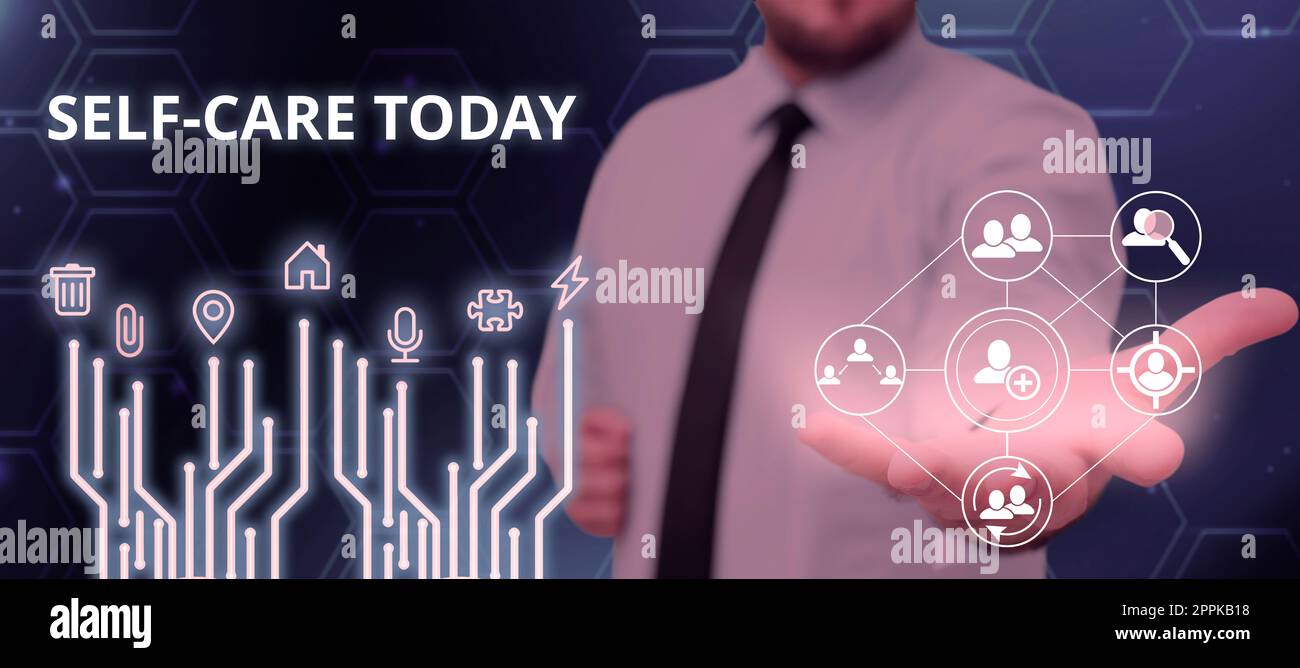 Handschriftlicher Text Self Care Today. Geschäftskonzept die Praxis, Maßnahmen zur Verbesserung der eigenen Gesundheit zu ergreifen Stockfoto
