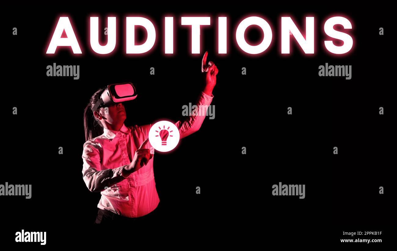 Schreiben mit Anzeige von Text Auditions. Ein Wort über eine Probevorstellung, um die Verdienste eines Entertainers zu bewerten Stockfoto