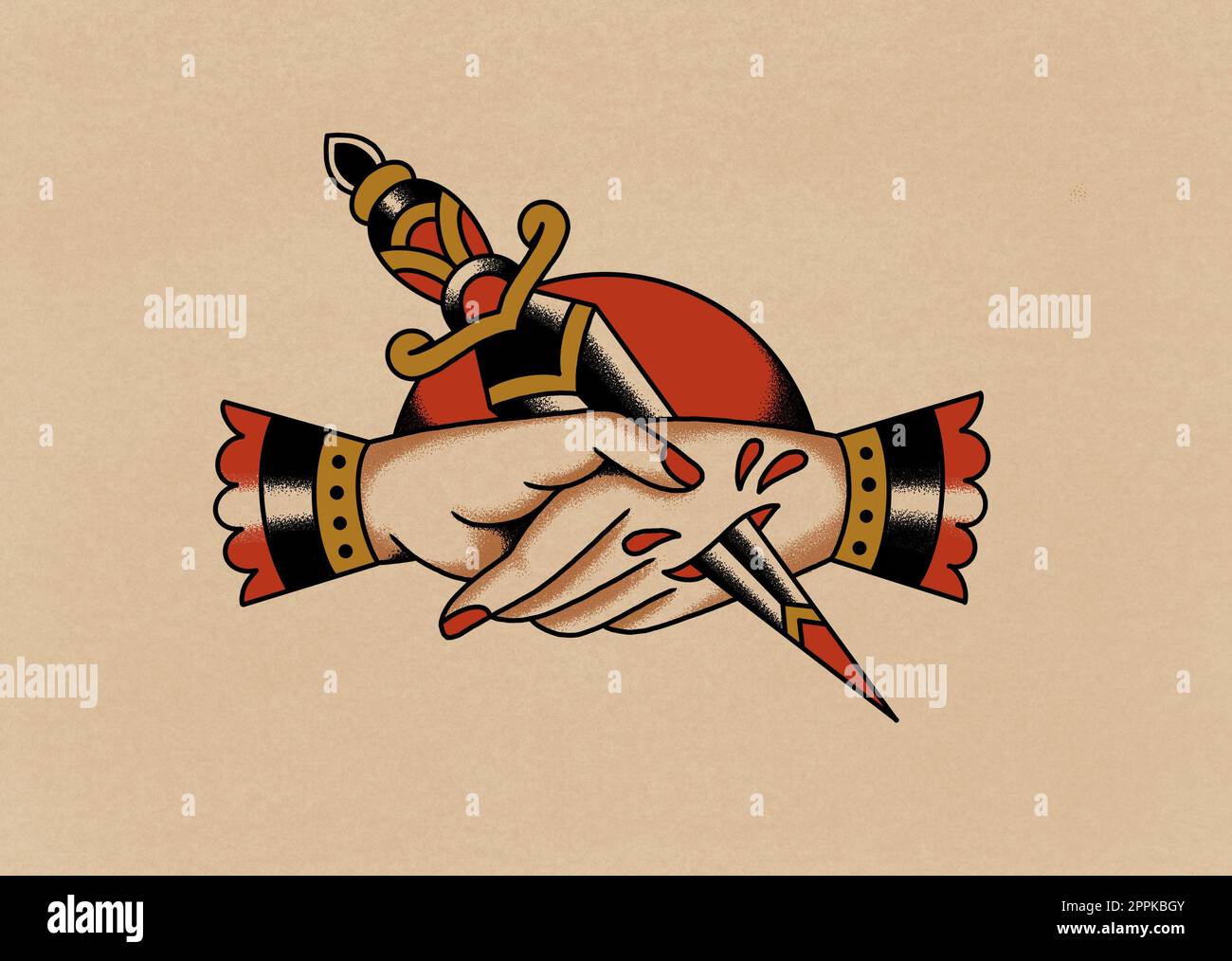 Altmodischer Handschlag mit Tattoo-Kunstzeichnung und mit einem Schwerterstich versehener Hand auf altem Papierhintergrund Stockfoto