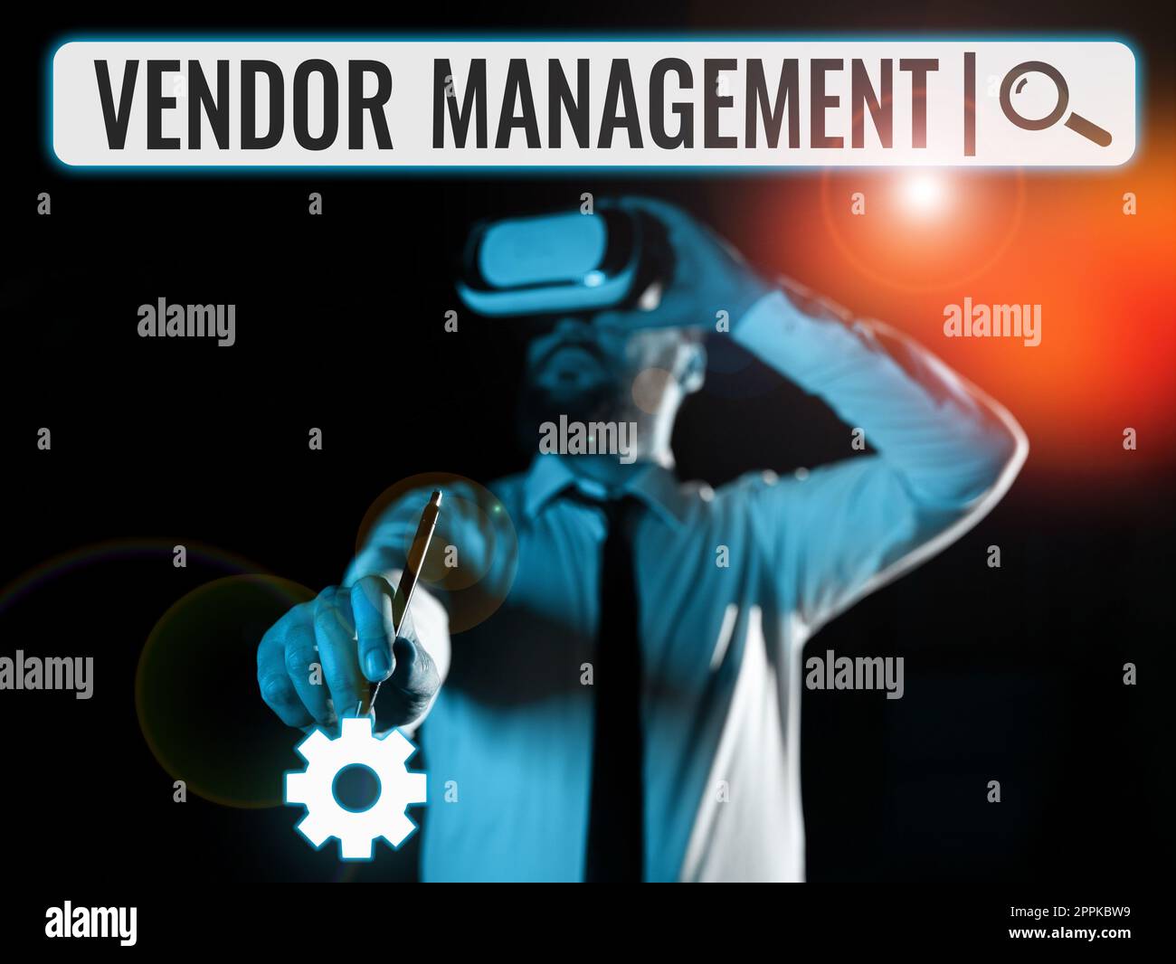 Schild mit der Anzeige „Vendor Management“. Aktivitäten im Zusammenhang mit Geschäftskonzepten, die in der Recherche und Beschaffung von Anbietern enthalten sind Stockfoto