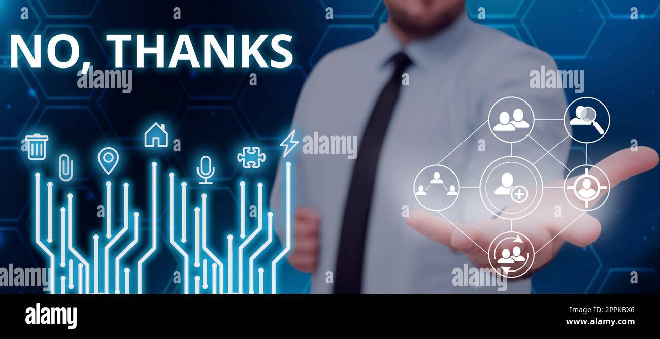 Schreiben mit dem Text No, Danke. Konzeptfoto Beantwortung von Fragen mit diesen Worten, um Annahme oder Ablehnung zu zeigen Stockfoto