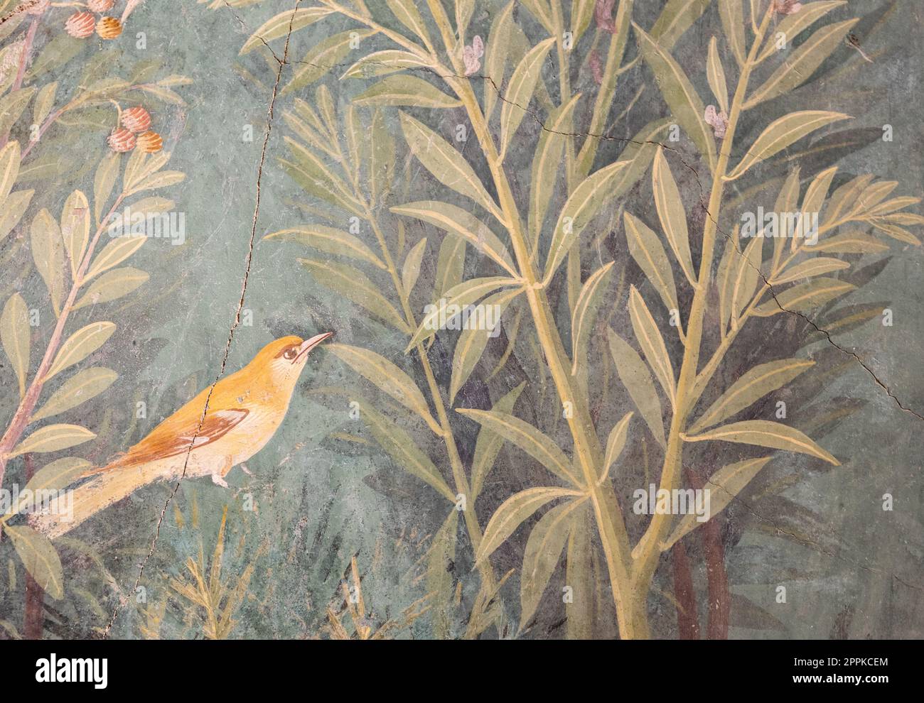 Italien, Pompeji: Luxuriöses römisches Haus mit Fresko und Vogel im Garten Stockfoto