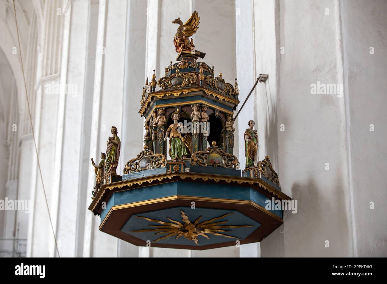 Manneristen-Kanzel in St. Marienkirche in GdaÅ„sk. Polen Stockfoto