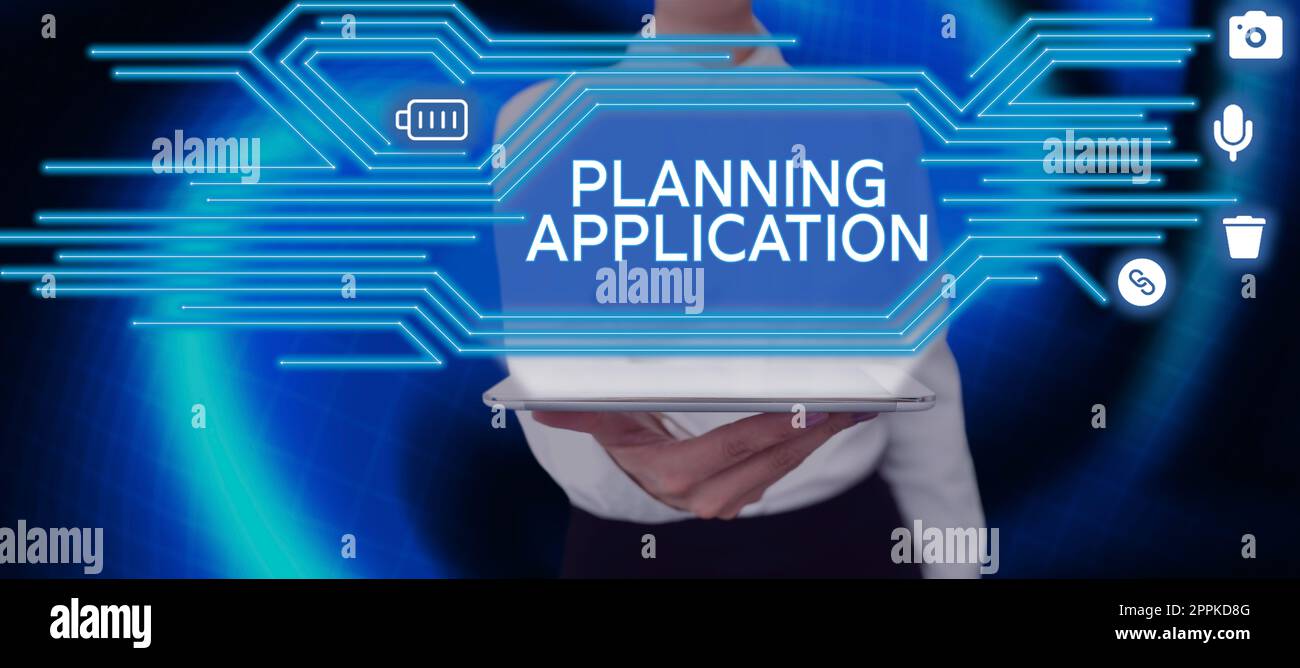 Inspiration mit Anzeige der Anwendung „Sign Planning“. Anforderung eines Geschäftskonzepts an eine örtliche Behörde zur Baugenehmigung Stockfoto