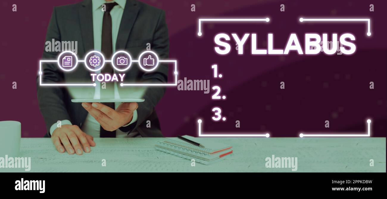 Konzeptionelle Darstellung Syllabus. Wort für eine Zusammenfassung eines Diskurses, einer Abhandlung oder von Prüfungsanforderungen Stockfoto