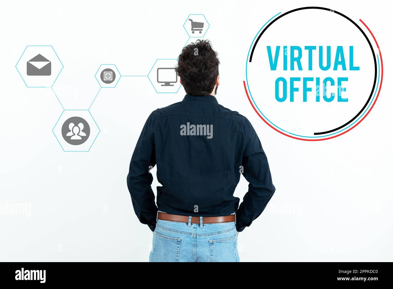 Konzeptionelle Darstellung Virtual Office. Word für mobile Arbeitsumgebung mit Telekommunikationsverbindungen Stockfoto