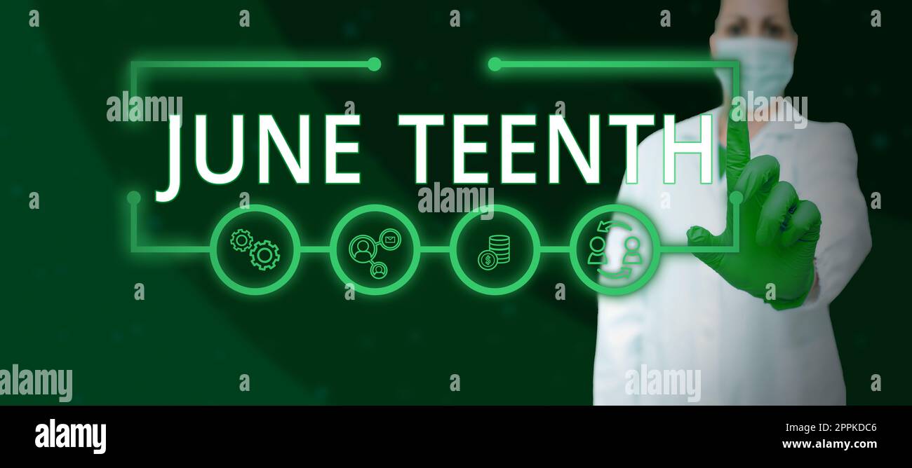 Schreiben mit Textanzeige am zehnten Juni. Begriff "gesetzlicher Feiertag" in den Vereinigten Staaten zum Gedenken an das Ende der Sklaverei in den USA Stockfoto