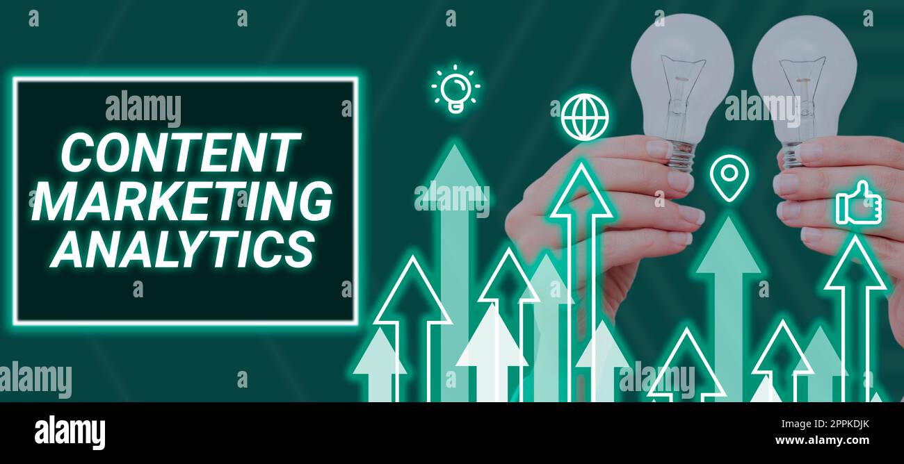 Konzeptionelle Darstellung Content Marketing Analytics. Konzept bedeutet, dass der Fokus darauf liegt, Aufmerksamkeit zu erregen und Leads zu generieren Stockfoto