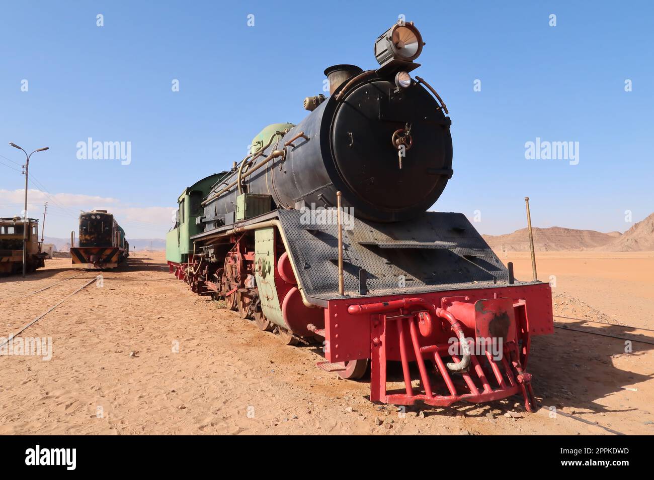 Lokomotive am Bahnhof Hejaz, Wadi Rum, Jordanien Stockfoto