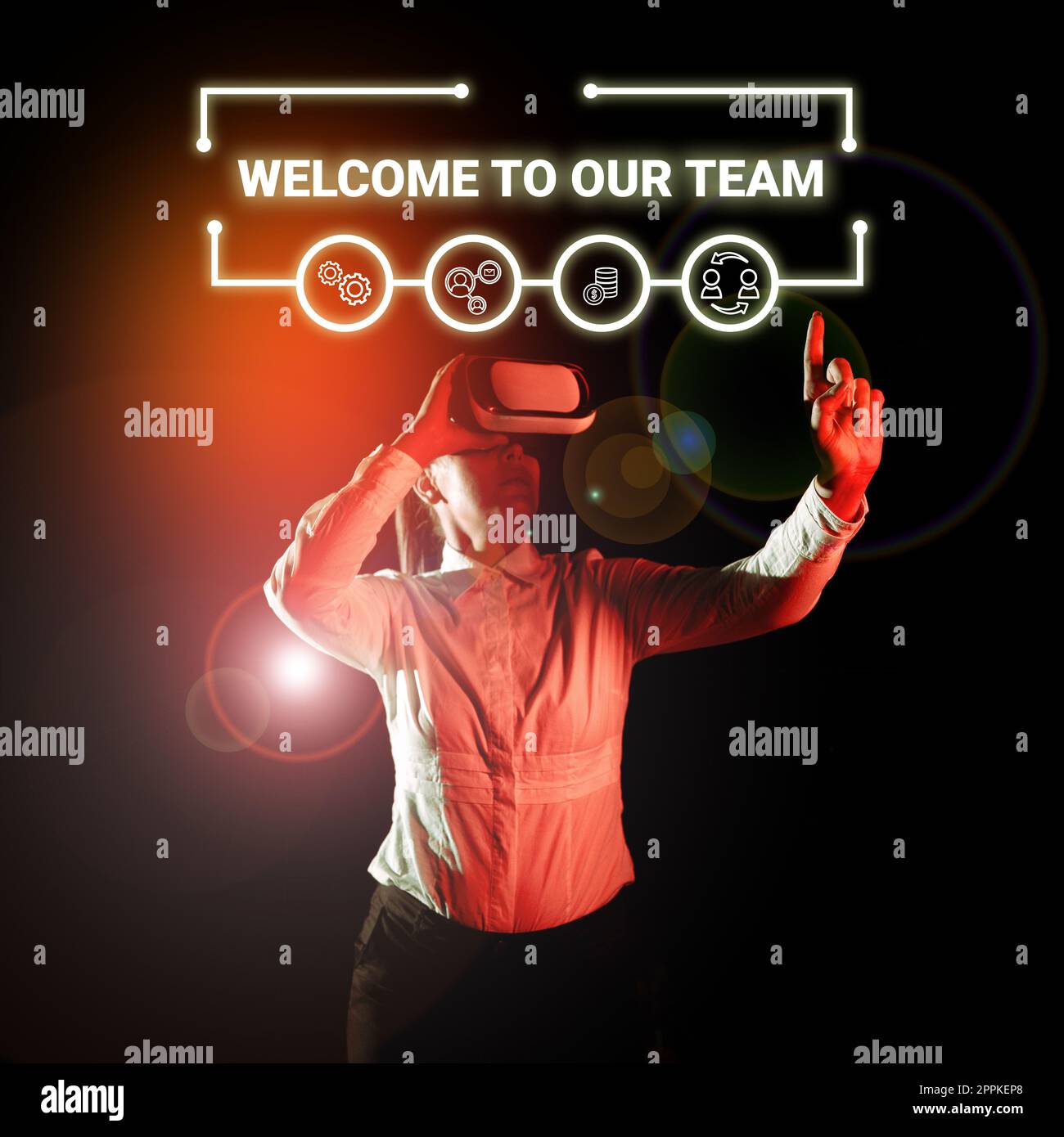 Schild mit der Aufschrift „Willkommen in unserem Team“. Geschäftskonzept Einführung einer anderen Person in Ihre Teamkollegen Stockfoto