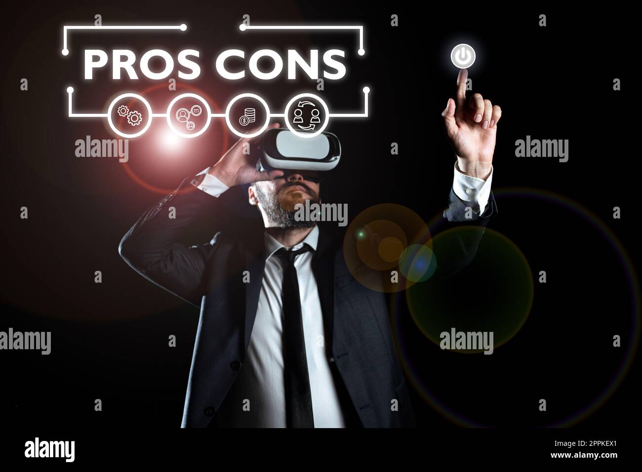 Inspiration mit Zeichen Pros Cons Geschäftskonzept die positiven und negativen Faktoren oder Gründe einer Person Stockfoto
