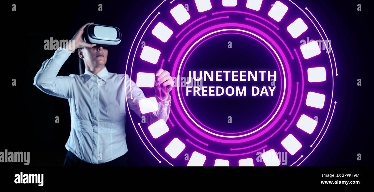 Schild mit der Aufschrift „Juneteenth Freedom Day“. Geschäftlicher Feiertag in den Vereinigten Staaten zum Gedenken an das Ende der Sklaverei Stockfoto