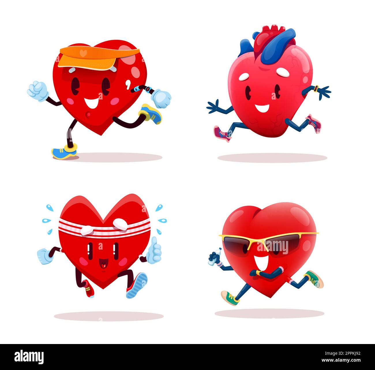 Cartoon Running Heart Charakter mit Fitness-Tracker, Cardio Sport und Health Vector Icon. Gesundes Herz Laufen oder Joggen auf Marathon, Kardiovaskula Stock Vektor