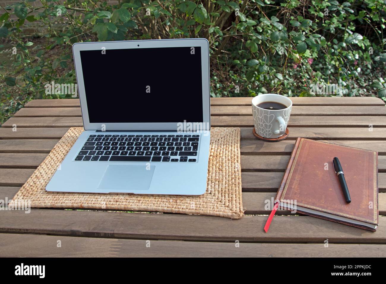Heimarbeit im Garten mit Laptop Stockfoto