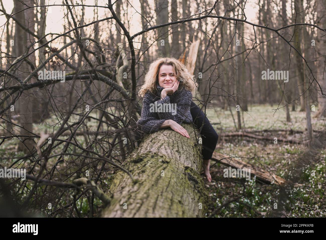 Positive Dame, die sich auf Fotos von umgestürzten Bäumen ausruht Stockfoto