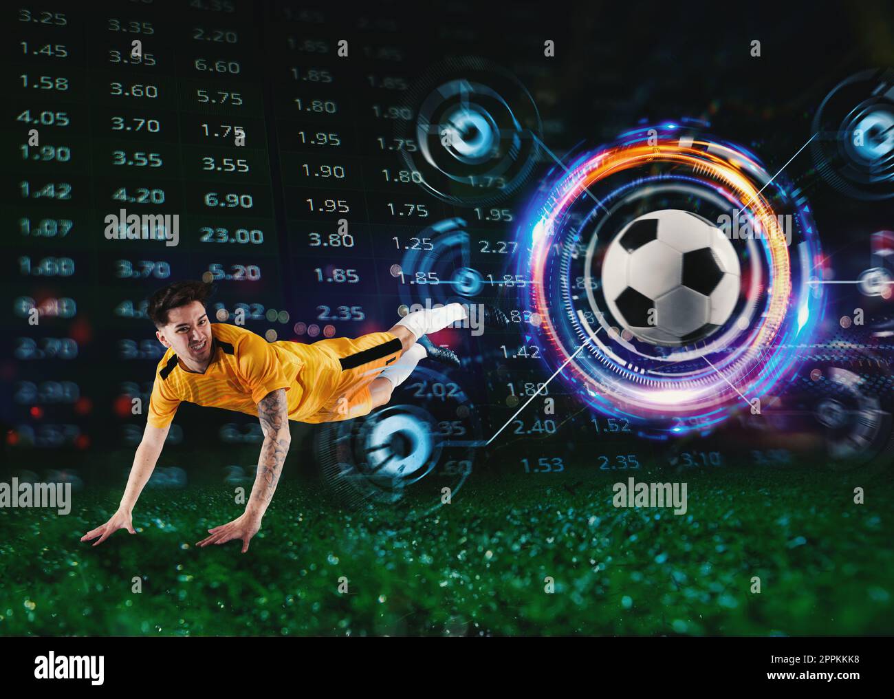 Fußballspieler springt mit Online-Fußballwetten, Analysen und statistischen Hintergrundinformationen Stockfoto