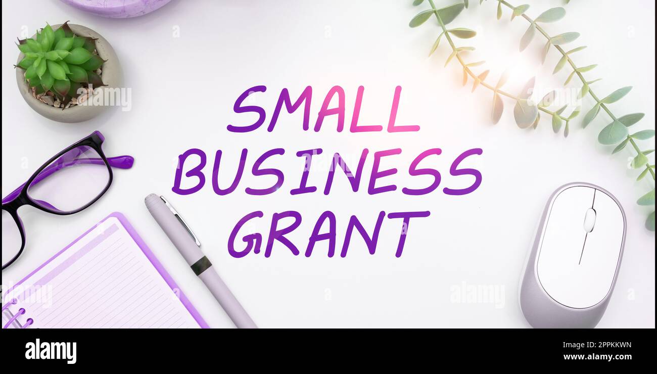 Inspiration mit Schild „Small Business Grant“. Wort für ein Privatunternehmen, das für seine begrenzte Größe bekannt ist Stockfoto