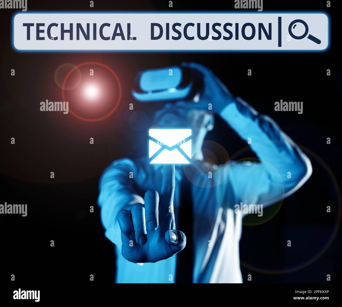 Textzeichen mit technischer Diskussion. Wort, das in einem Gespräch oder einer Debatte über ein bestimmtes technisches Problem geschrieben wurde Stockfoto