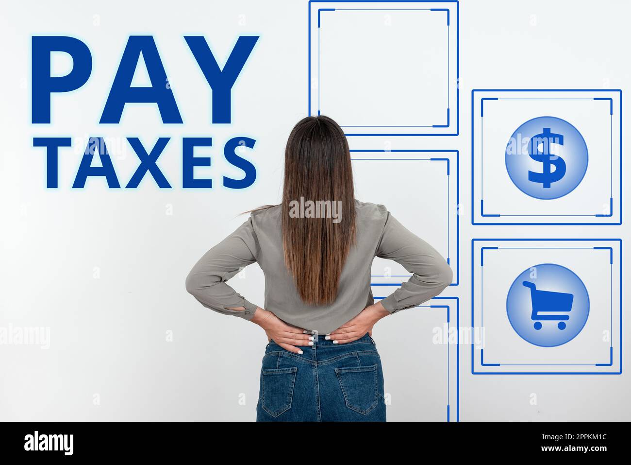 Handgeschriebenes Schild „Steuern zahlen“. Word für die Verarbeitung von Steuern und Buchhaltung zur Berechnung der Gehaltszahlung Stockfoto