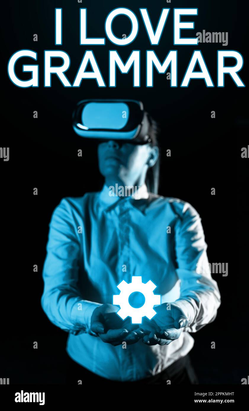 Schreiben mit Text „I Love Grammar“. Ubersichtsarbeit über Bewunderungssystem und Sprachstruktur Stockfoto