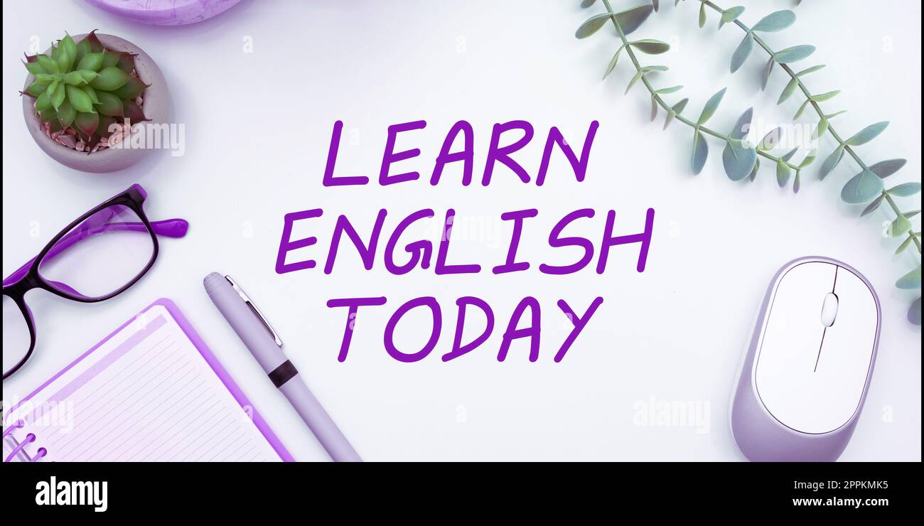 Inspiration mit Schild „Learn English Today“. Konzeptionelle Fotografien Erlernen oder Erlernen von Englischkenntnissen und -Fertigkeiten Stockfoto