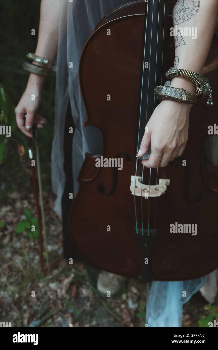 Nahaufnahme des Violoncello-Konzeptfotos Stockfoto