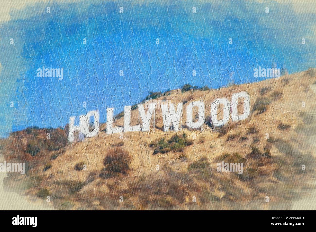 Kreative Illustration mit künstlerischem Aquarelldesign - Hollywood-Schild in Los Angeles. Stockfoto