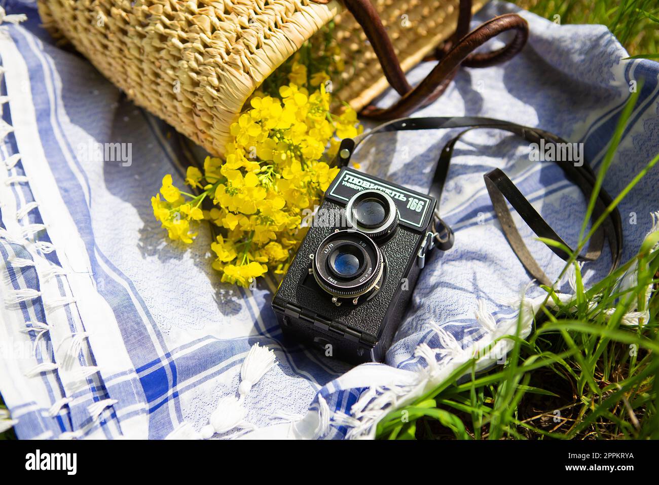 Ein Strohkorb für ein Picknick liegt auf einer blauen Decke auf grünem Gras zusammen mit einem Strauß gelber Blumen. Im Hintergrund befindet sich eine alte Kamera mit dem Namen „Lover 166“. Stockfoto