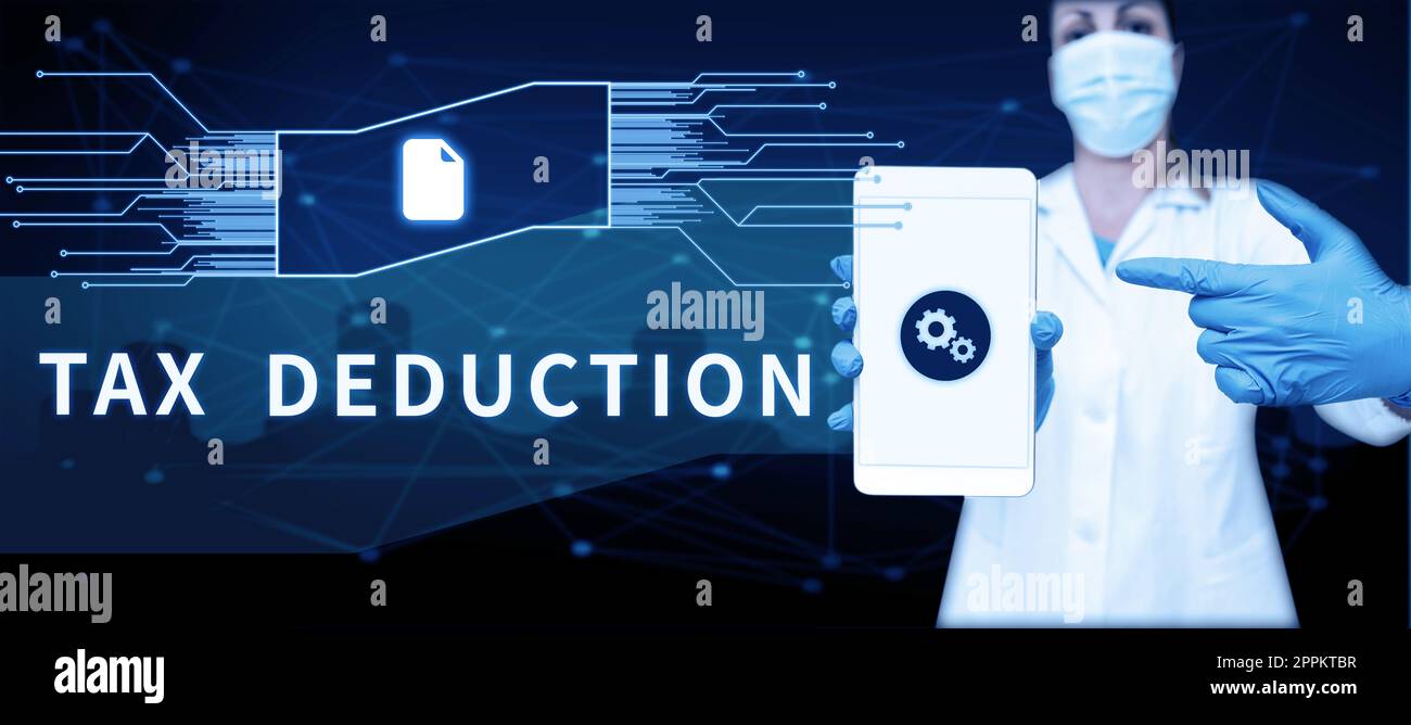 Text mit Abzug für Inspirationssteuer. Betrag der Geschäftsanzeige, der vor der Berechnung der Steuerschulden vom Einkommen abgezogen wird Stockfoto