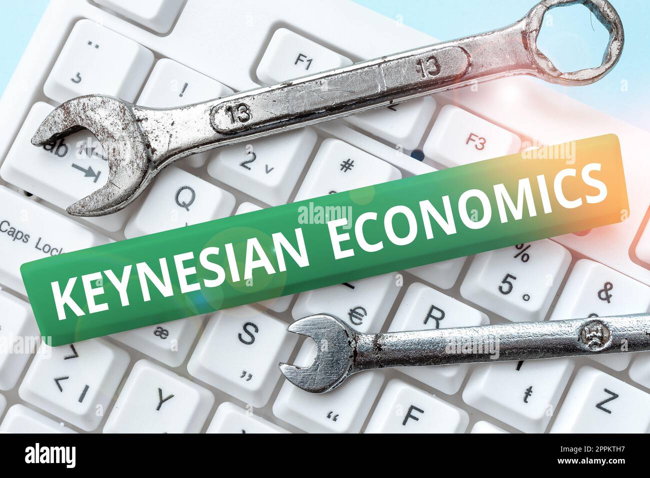 Begrifflicher Titel Keynesianische Ökonomie. Überblick über die Wirtschaft monetäre und finanzpolitische Programme der Regierung zur Steigerung der Beschäftigung Stockfoto