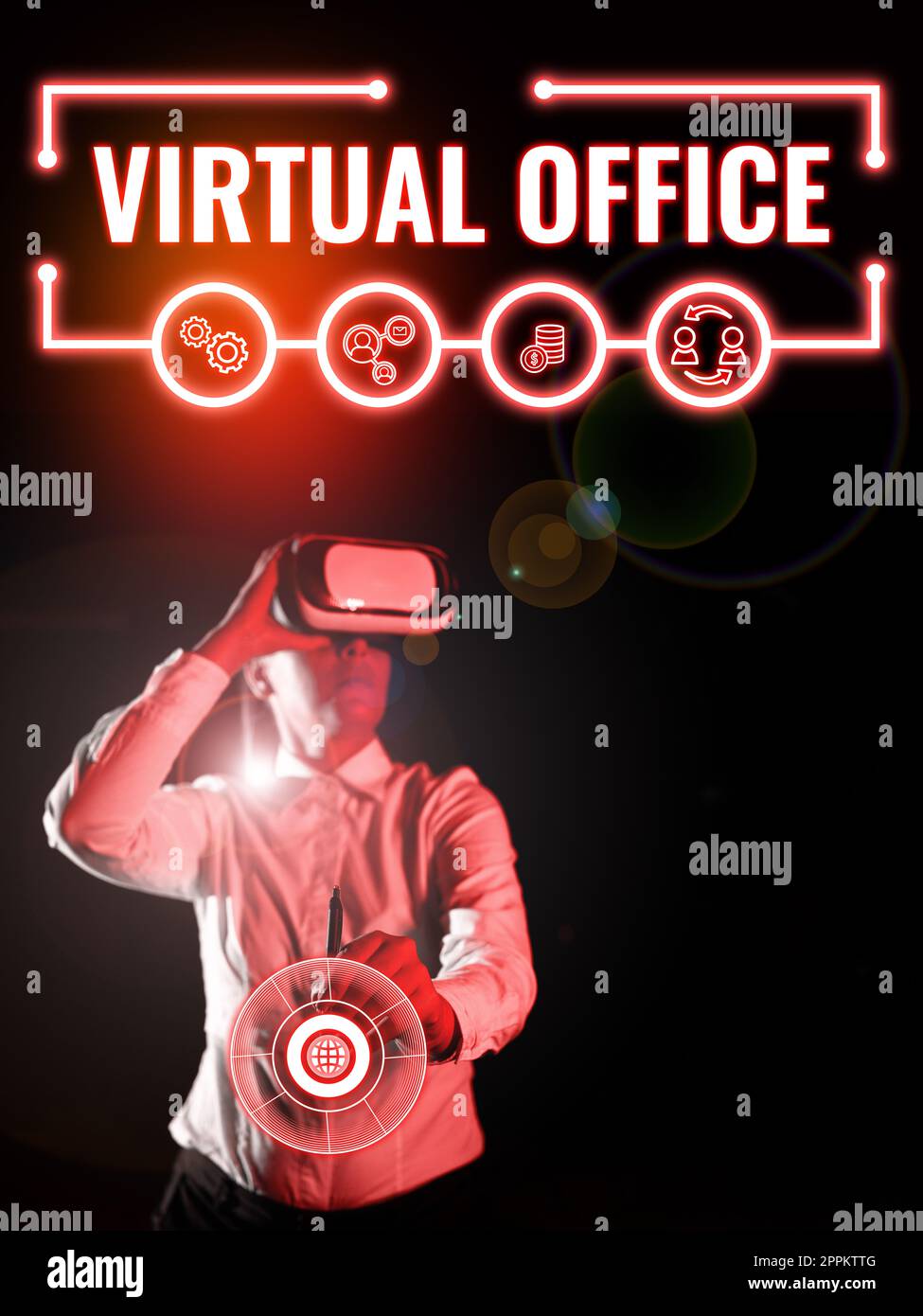 Textzeichen mit Virtual Office. Konzeptfoto Mobile Arbeitsumgebung mit Telekommunikationsverbindungen Stockfoto