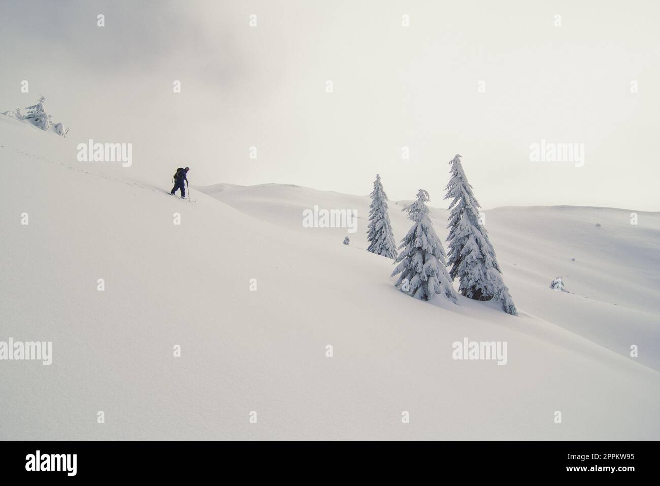 Skifahrer, der die Skipiste hinunterfährt, Foto der Landschaft Stockfoto