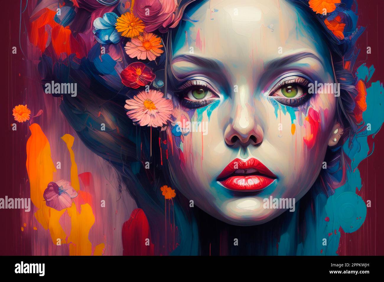 Künstliche Intelligenz erzeugte Fantasiebilder eines ätherischen weiblichen Porträts mit Blume. Stockfoto