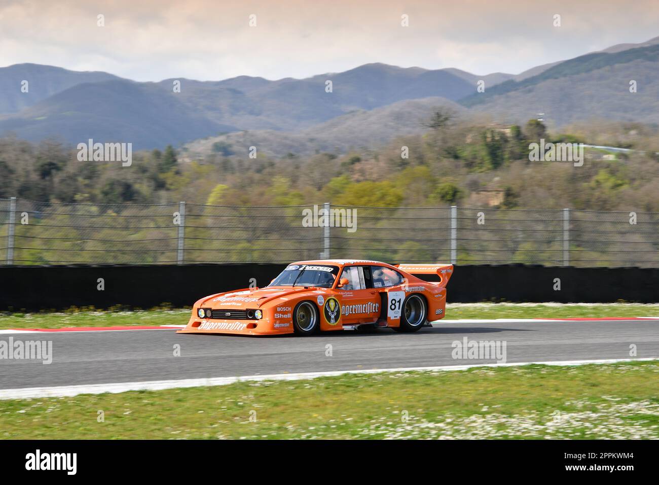 Scarperia, 2. April 2023: Ford Capri Turbo Gr 5 Jagermeister DRM Jahr 1982 Ex Klaus Ludwig in Aktion während Mugello Classic 2023 auf dem Mugello Circuit in Stockfoto