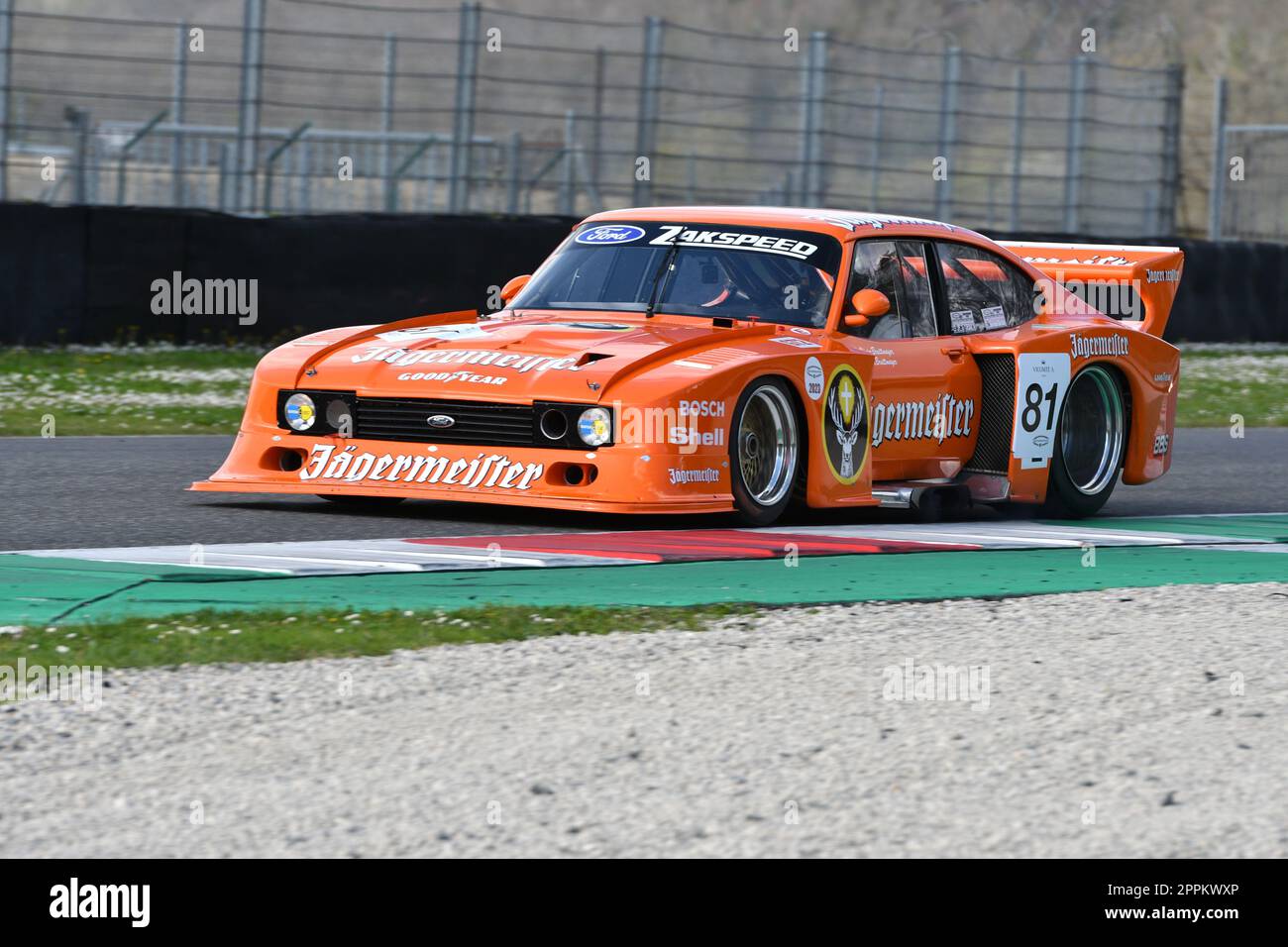 Scarperia, 2. April 2023: Ford Capri Turbo Gr 5 Jagermeister DRM Jahr 1982 Ex Klaus Ludwig in Aktion während Mugello Classic 2023 auf dem Mugello Circuit in Stockfoto