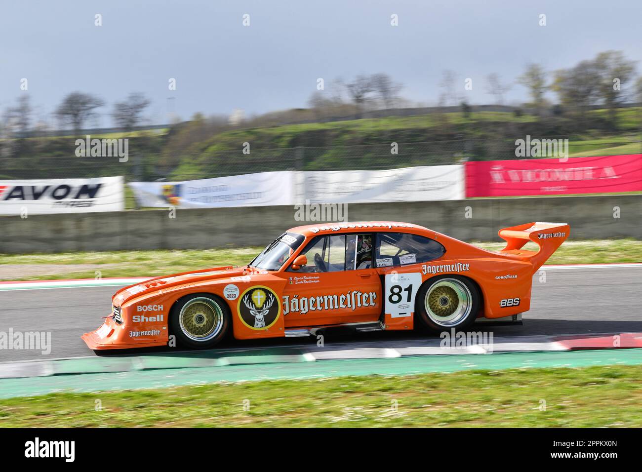 Scarperia, 2. April 2023: Ford Capri Turbo Gr 5 Jagermeister DRM Jahr 1982 Ex Klaus Ludwig in Aktion während Mugello Classic 2023 auf dem Mugello Circuit in Stockfoto