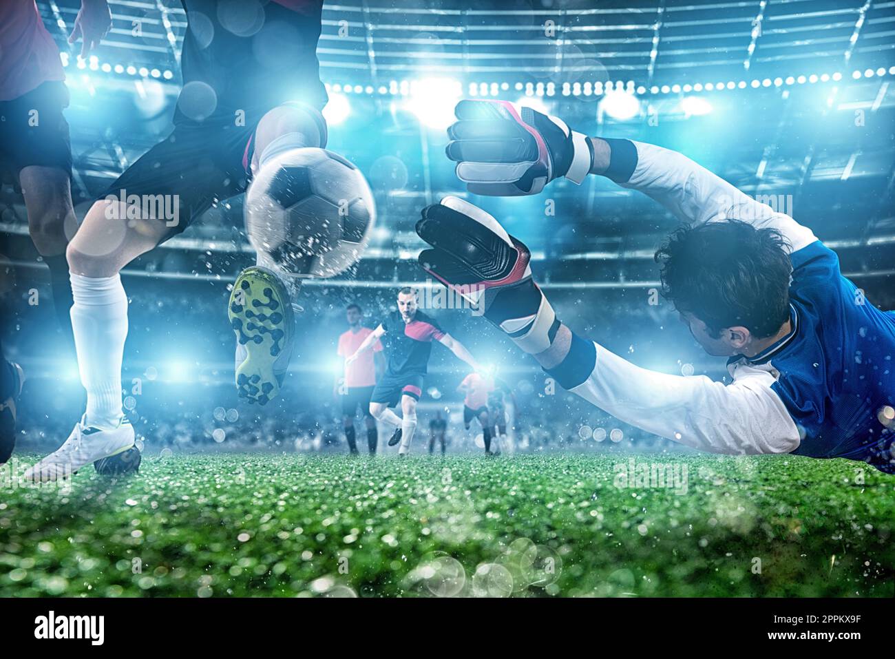 Torhüter den Ball fängt im Stadion während eines Fußballspiels. Stockfoto