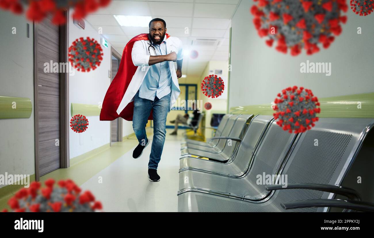 Medic agiert wie ein Superheld im Krankenhaus, um eine Pandemie der Kovid19-Coronaviren zu bekämpfen. Blauer Hintergrund Stockfoto