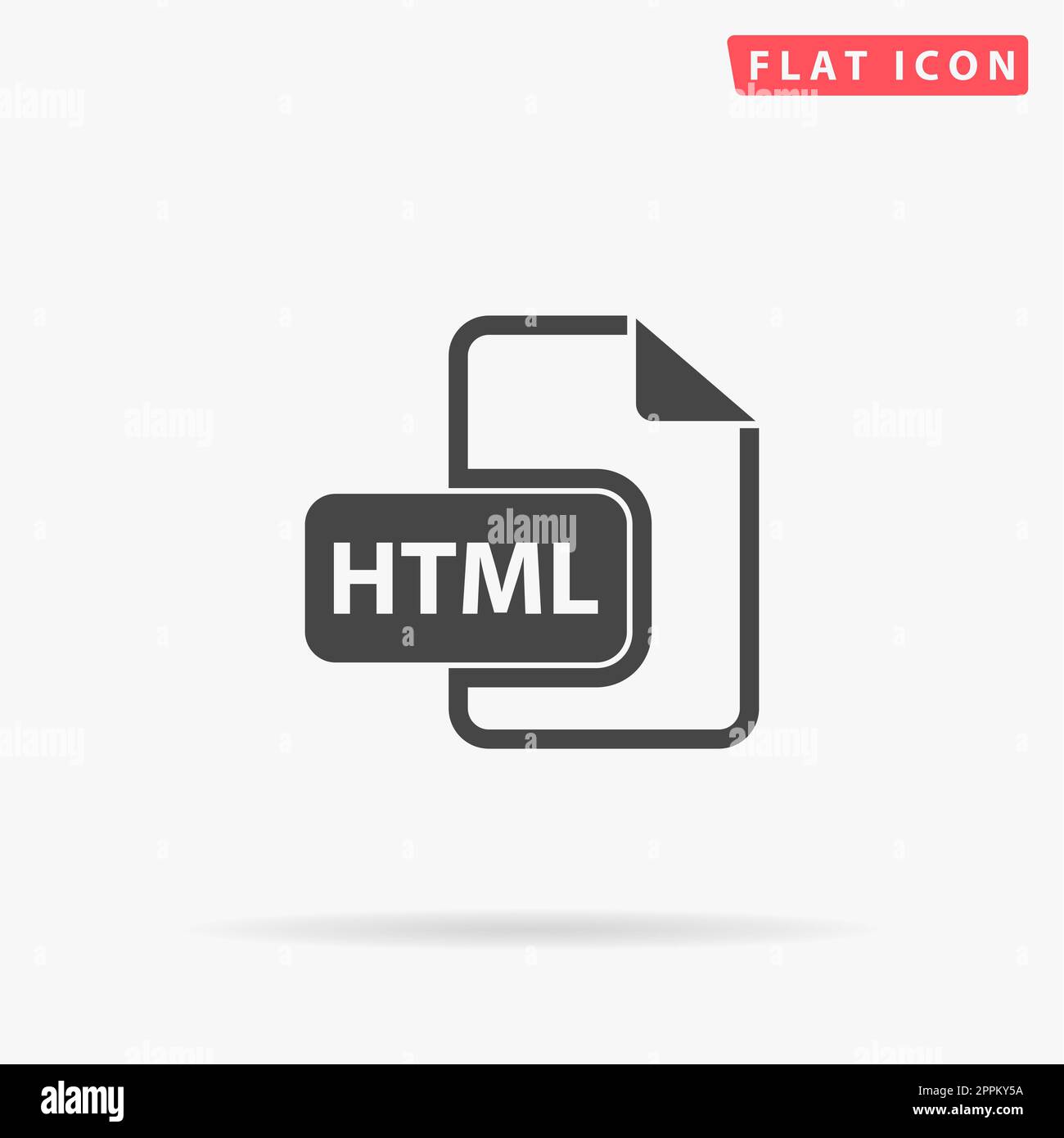 HTML-Dateierweiterung. Einfaches flaches schwarzes Symbol mit Schatten auf weißem Hintergrund. Piktogramm zur Vektordarstellung Stockfoto