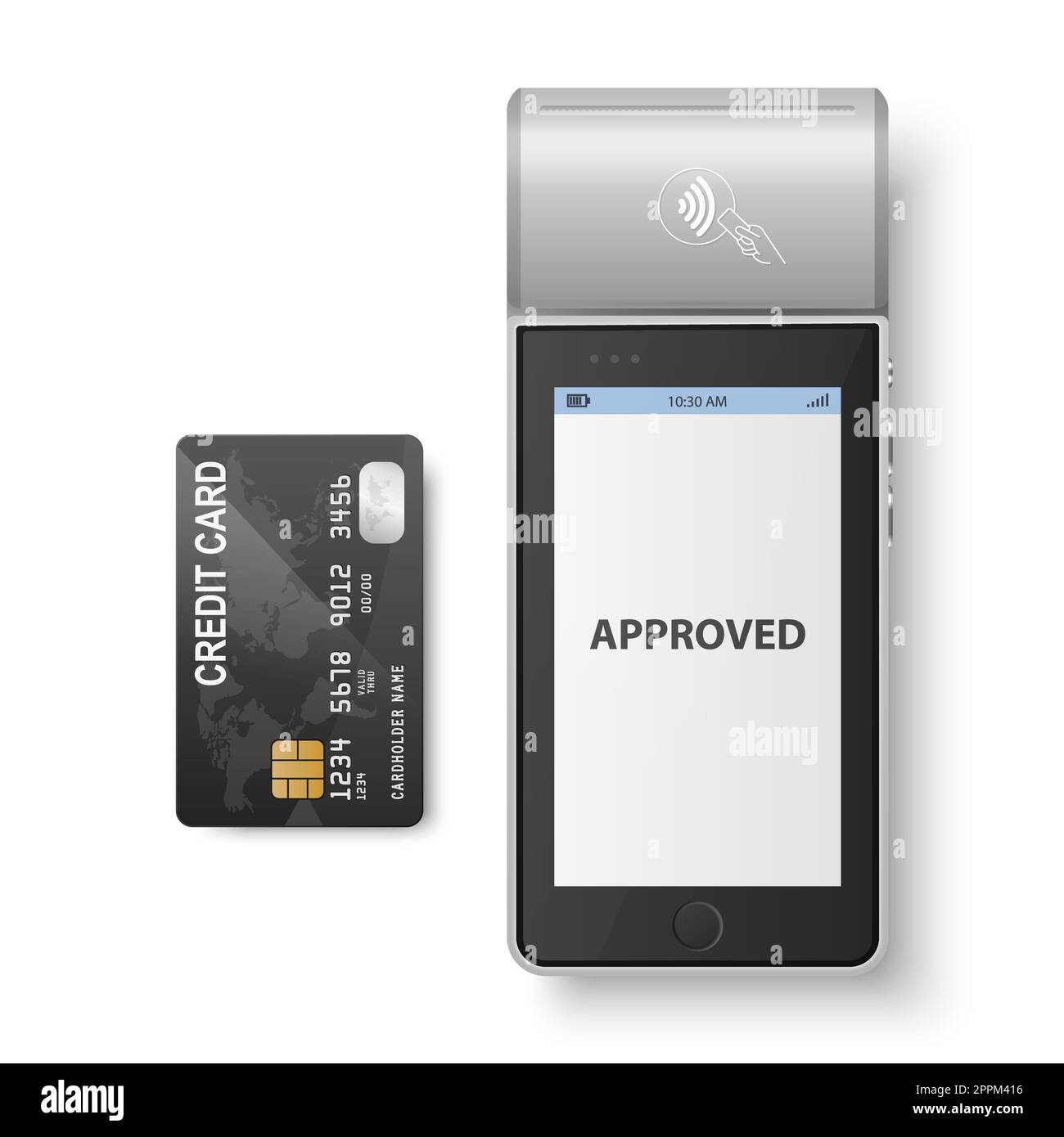 Vector 3D Grau NFC-Zahlungsgerät, Status „genehmigt“ und Kreditkarte isoliert. WiFi, Wireless-Bezahlung. POS-Terminal, Machine Design Template of Bank Payment Contactless Terminal, Mockup. Draufsicht Stockfoto