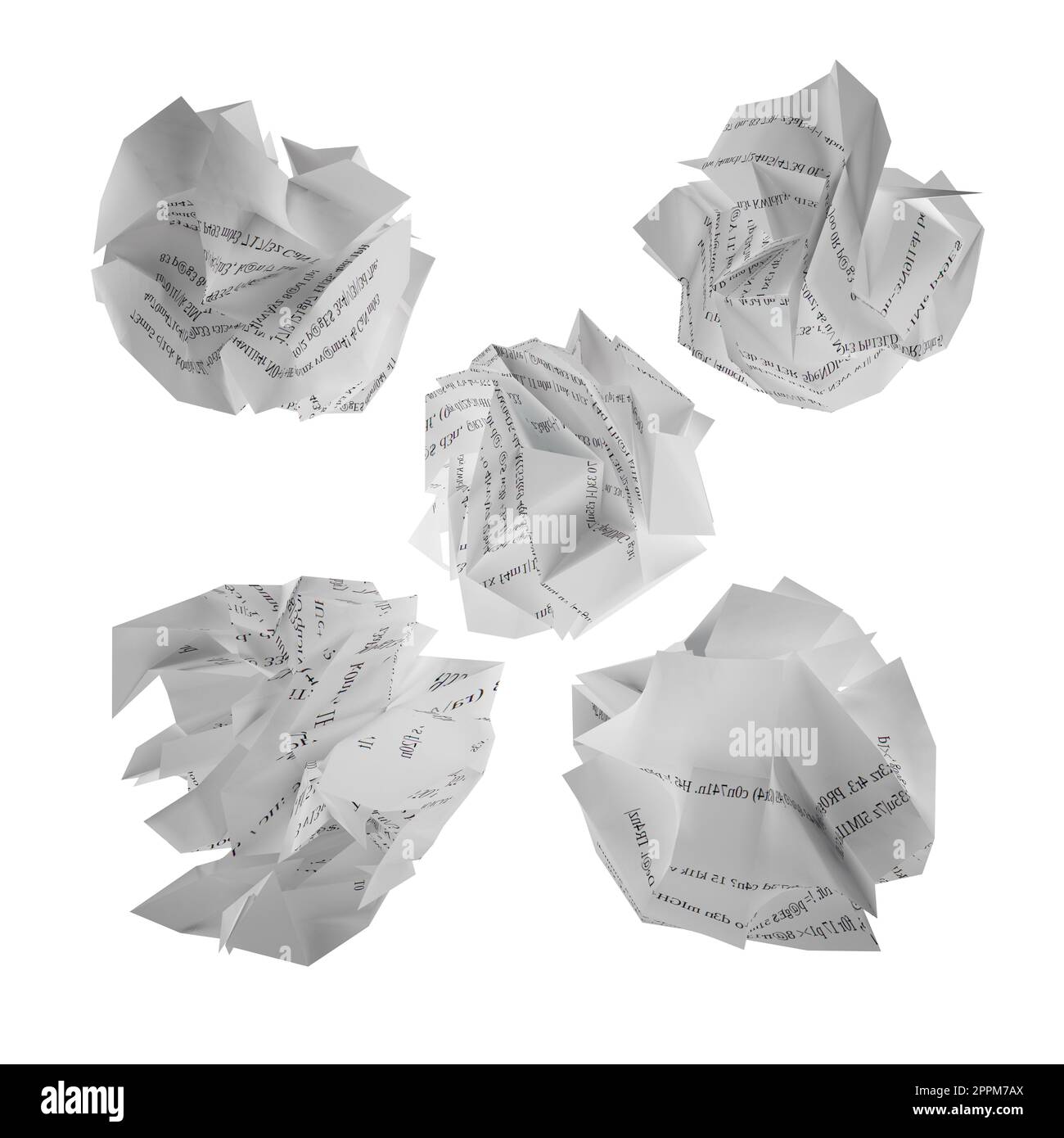 Zerknitterte Papiere. Bürokratie und überarbeitetes Konzept. 3D-Rendering Stockfoto