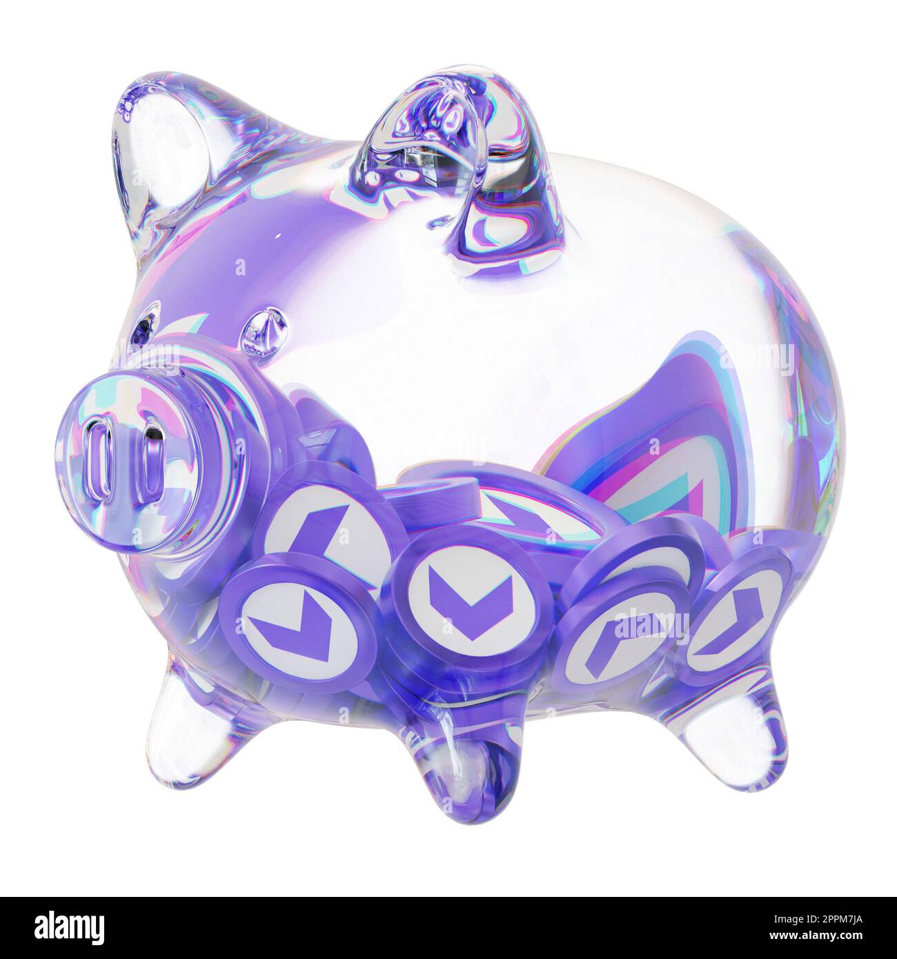 Everscale (EVER) Sparschwein aus Klarglas mit abnehmenden Stapeln Krypto-Münzen. Das Konzept der Inflation, Finanzkrise und des Verlusts von Geld zu retten. 3D Abbildung Stockfoto