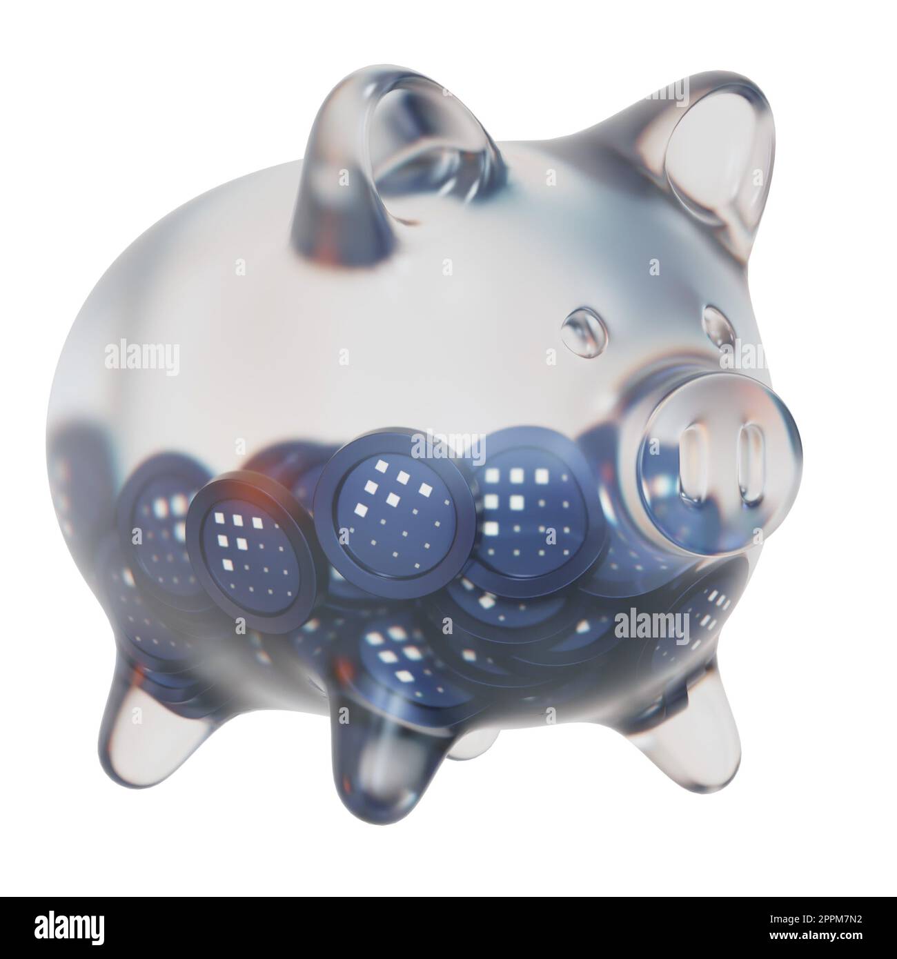 Fetch.ai (FET) Sparschwein aus Klarglas mit abnehmenden Stapeln Krypto-Münzen. Das Konzept der Inflation, Finanzkrise und des Verlusts von Geld zu retten. 3D Abbildung Stockfoto