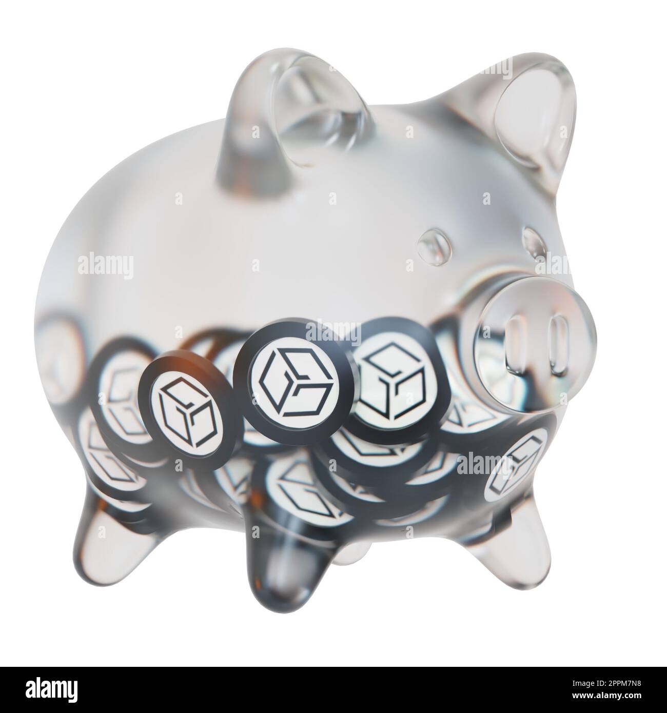 Gala (GALA) Sparschwein aus Klarglas mit abnehmenden Haufen Krypto-Münzen. Das Konzept der Inflation, Finanzkrise und des Verlusts von Geld zu retten. 3D Abbildung Stockfoto
