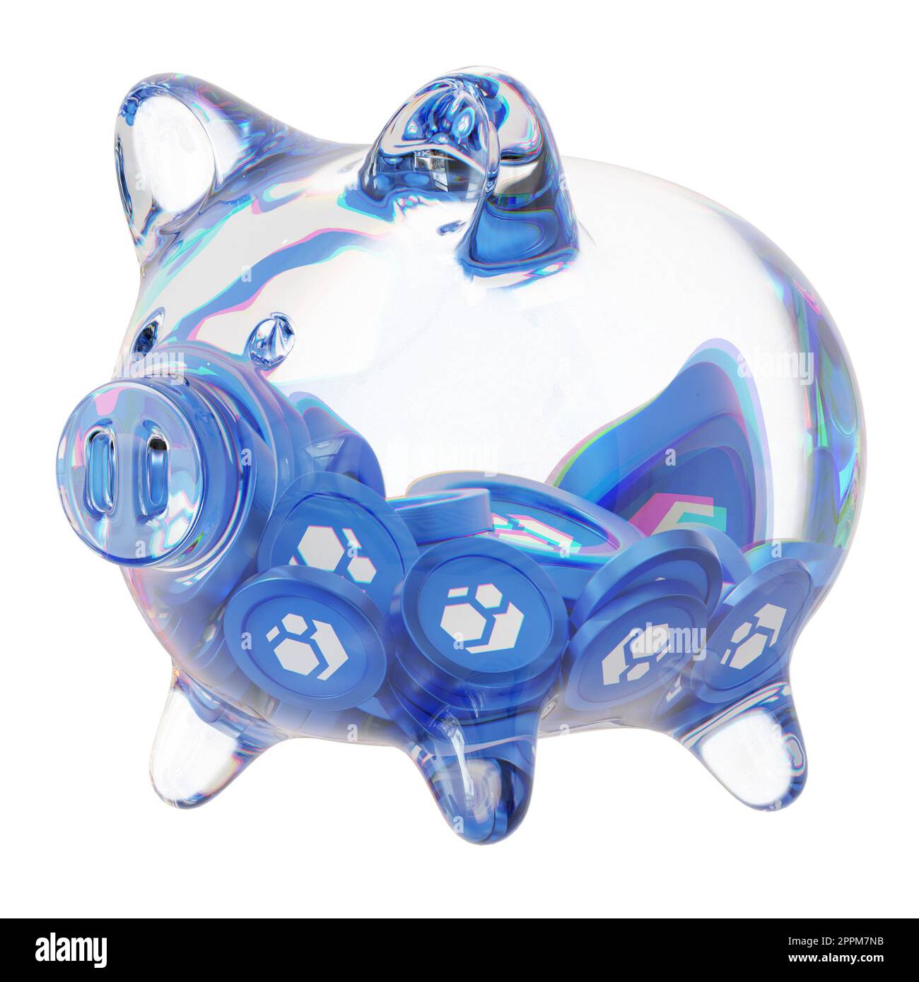 Flux (FLUX) Klarglas Schweinebank mit abnehmenden Haufen Krypto-Münzen. Das Konzept der Inflation, Finanzkrise und des Verlusts von Geld zu retten. 3D Abbildung Stockfoto