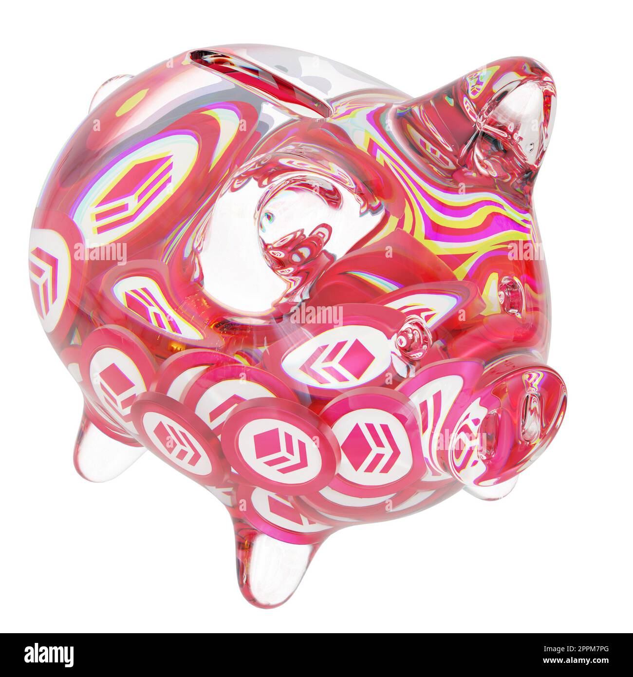 Hive (HIVE) Sparschwein aus Klarglas mit abnehmenden Haufen Krypto-Münzen. Das Konzept der Inflation, Finanzkrise und des Verlusts von Geld zu retten. 3D Abbildung Stockfoto