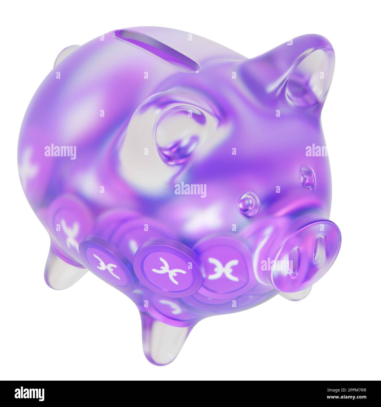 Holo (HEISSES) Sparschwein aus Klarglas mit abnehmenden Haufen Krypto-Münzen. Das Konzept der Inflation, Finanzkrise und des Verlusts von Geld zu retten. 3D Abbildung Stockfoto