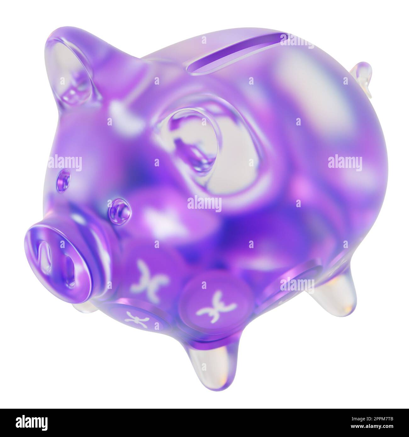 Holo (HEISSES) Sparschwein aus Klarglas mit abnehmenden Haufen Krypto-Münzen. Das Konzept der Inflation, Finanzkrise und des Verlusts von Geld zu retten. 3D Abbildung Stockfoto