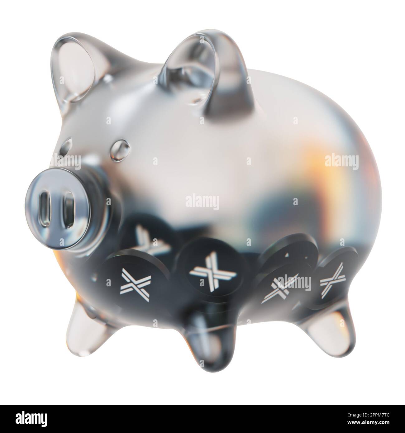 Unveränderliches X (IMX) Sparschwein aus Klarglas mit abnehmenden Stapeln kryptografischer Münzen. Das Konzept der Inflation, Finanzkrise und des Verlusts von Geld zu retten. 3D Abbildung Stockfoto